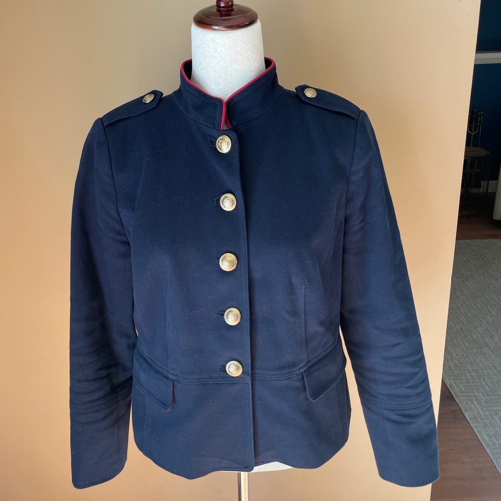 Talbots Blazer Jacket Military‎ Size 8 Navy Blue Gold Buttons Stand Up Collar #